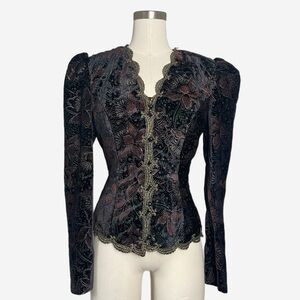 Vintage 90s Scott McClintock black velvet floral brocade puff sleeve blazer XS